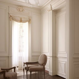 A neoclassical styled living room with a small, short window letting in subtle daylight.