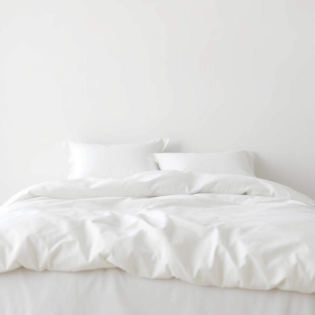 A pristine bedroom setting featuring a neatly made bed with crisp white linens and pillows