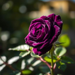 A striking image of an intense dark purple rose in bloom, showcasing its velvety petals with intricate details and a hint of dew