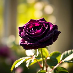 A striking image of an intense dark purple rose in bloom, showcasing its velvety petals with intricate details and a hint of dew