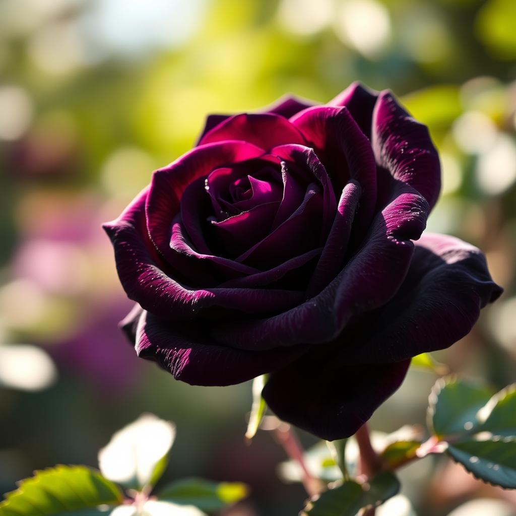 A striking image of an intense dark purple rose in bloom, showcasing its velvety petals with intricate details and a hint of dew