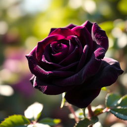 A striking image of an intense dark purple rose in bloom, showcasing its velvety petals with intricate details and a hint of dew