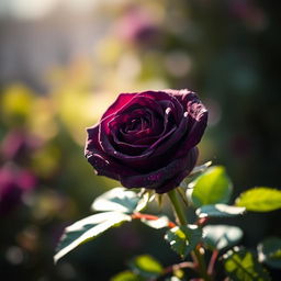 A striking image of an intense dark purple rose in bloom, showcasing its velvety petals with intricate details and a hint of dew