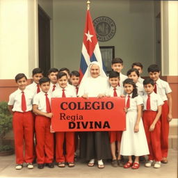 A nostalgic graduation photo from the 1950s featuring adolescent students dressed in red pants, white short-sleeve shirts, and red ties