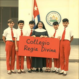 A nostalgic graduation photo from the 1950s featuring adolescent students dressed in red pants, white short-sleeve shirts, and red ties