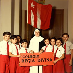A nostalgic graduation photo from the 1950s featuring adolescent students dressed in red pants, white short-sleeve shirts, and red ties
