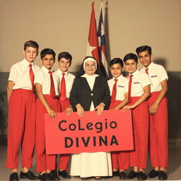 A nostalgic graduation photo from the 1950s featuring adolescent students dressed in red pants, white short-sleeve shirts, and red ties