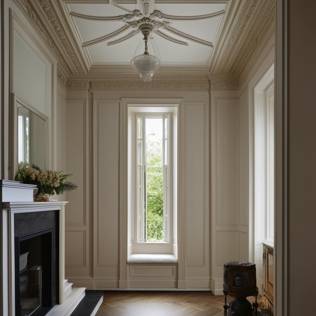 A neoclassical styled living room with a small, short window letting in subtle daylight.