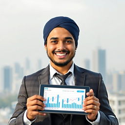 A portrait of a young Bangladeshi Muslim businessman, dressed in formal attire, exuding confidence and ambition
