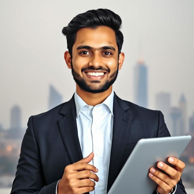 A portrait of a young Bangladeshi Muslim businessman, dressed in formal attire, exuding confidence and ambition