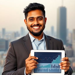A portrait of a young Bangladeshi Muslim businessman, dressed in formal attire, exuding confidence and ambition