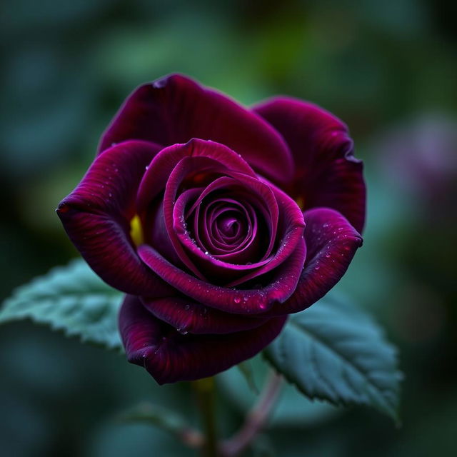 An exquisite deep purple rose, showcasing its velvety petals in full bloom