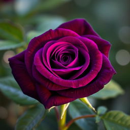 An exquisite deep purple rose, showcasing its velvety petals in full bloom