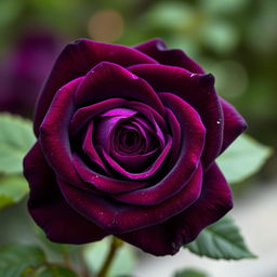 An exquisite deep purple rose, showcasing its velvety petals in full bloom