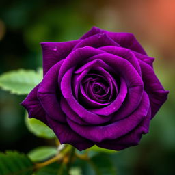 An exquisite deep purple rose, showcasing its velvety petals in full bloom