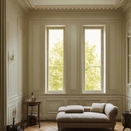 A neoclassical styled living room with a small, short window letting in subtle daylight.