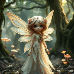 A whimsical fairy standing in a mysterious, enchanting forest, looking directly into the camera