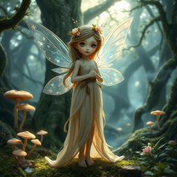 A whimsical fairy standing in a mysterious, enchanting forest, looking directly into the camera