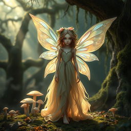 A whimsical fairy standing in a mysterious, enchanting forest, looking directly into the camera
