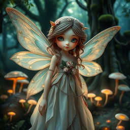 A whimsical fairy standing in a mysterious, enchanting forest, looking directly into the camera