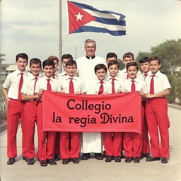 A group of teenage boys in the 1950s dressed in a school uniform consisting of red pants, white short-sleeve shirts, red ties, and black shoes