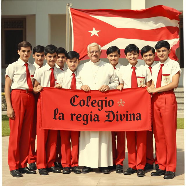 A group of teenage boys in the 1950s dressed in a school uniform consisting of red pants, white short-sleeve shirts, red ties, and black shoes