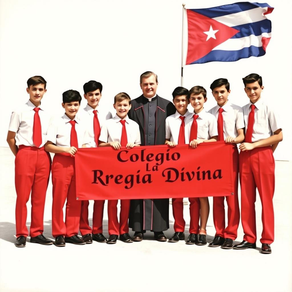 A group of teenage boys in the 1950s dressed in a school uniform consisting of red pants, white short-sleeve shirts, red ties, and black shoes