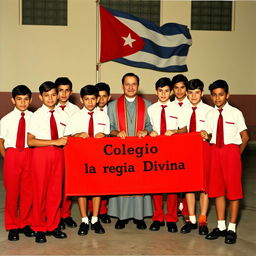 A group of teenage boys in the 1950s dressed in a school uniform consisting of red pants, white short-sleeve shirts, red ties, and black shoes