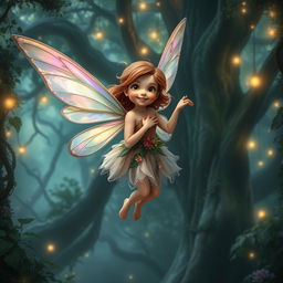 A whimsical fairy flying gracefully through a mysterious, enchanting forest, looking directly at the camera with a playful smile