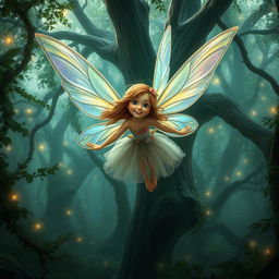 A whimsical fairy flying gracefully through a mysterious, enchanting forest, looking directly at the camera with a playful smile