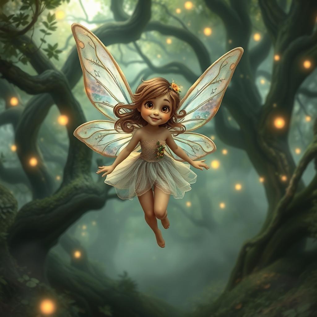 A whimsical fairy flying gracefully through a mysterious, enchanting forest, looking directly at the camera with a playful smile