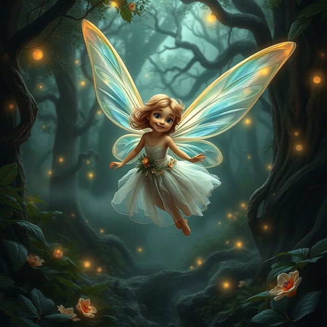 A whimsical fairy flying gracefully through a mysterious, enchanting forest, looking directly at the camera with a playful smile