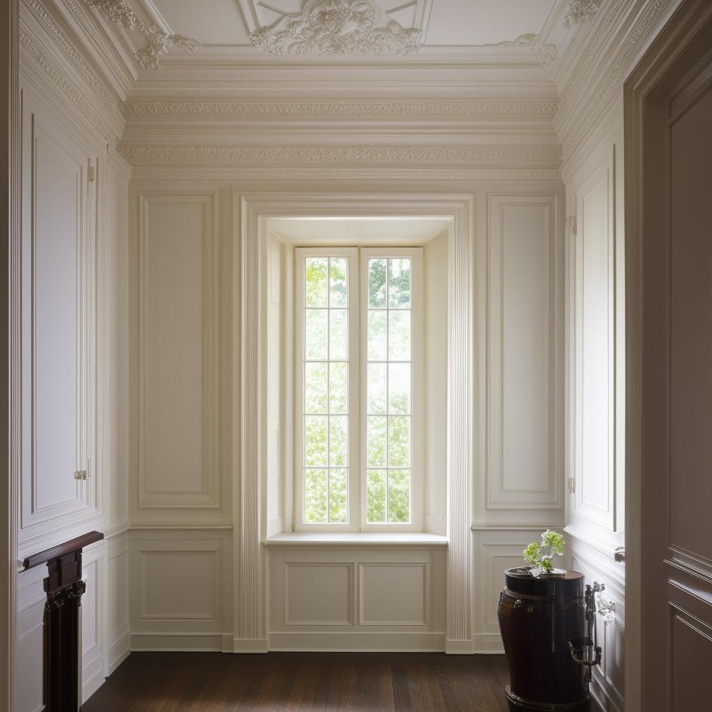 A neoclassical styled living room with a small, short window letting in subtle daylight.