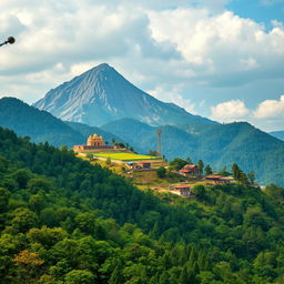 A stunning landscape depicting a hill rising approximately 3000 meters high, featuring a smaller mountain at its base that is 500 meters tall with a peak that is 100 meters wide