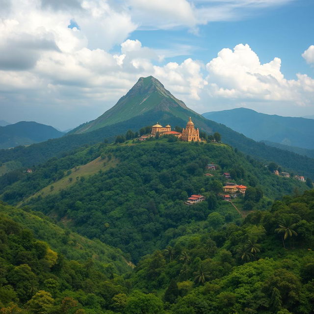 A stunning landscape depicting a hill rising approximately 3000 meters high, featuring a smaller mountain at its base that is 500 meters tall with a peak that is 100 meters wide