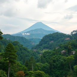 A stunning landscape depicting a hill rising approximately 3000 meters high, featuring a smaller mountain at its base that is 500 meters tall with a peak that is 100 meters wide