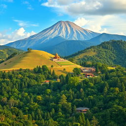 A stunning landscape depicting a hill rising approximately 3000 meters high, featuring a smaller mountain at its base that is 500 meters tall with a peak that is 100 meters wide