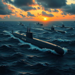 A vivid scene depicting a fleet of Soviet submarines stealthily navigating through dark, turbulent waters near Cuba, with ominous clouds overhead
