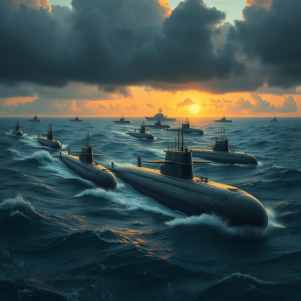 A vivid scene depicting a fleet of Soviet submarines stealthily navigating through dark, turbulent waters near Cuba, with ominous clouds overhead