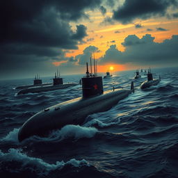 A vivid scene depicting a fleet of Soviet submarines stealthily navigating through dark, turbulent waters near Cuba, with ominous clouds overhead