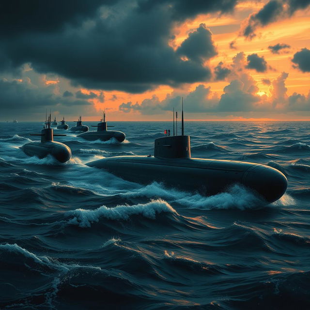 A vivid scene depicting a fleet of Soviet submarines stealthily navigating through dark, turbulent waters near Cuba, with ominous clouds overhead