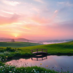A serene landscape depicting dawn breaking over a tranquil countryside