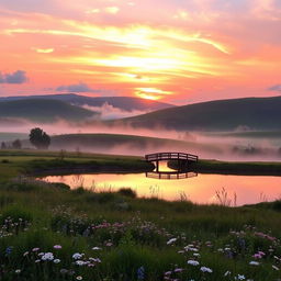 A serene landscape depicting dawn breaking over a tranquil countryside