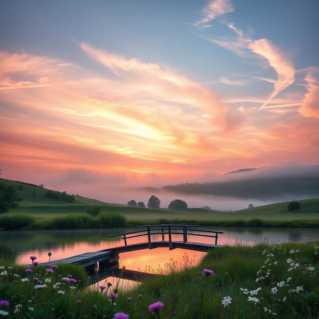 A serene landscape depicting dawn breaking over a tranquil countryside