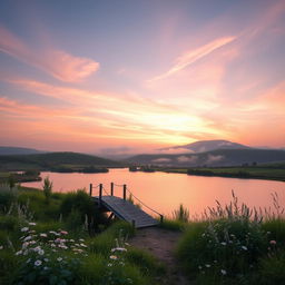 A serene landscape depicting dawn breaking over a tranquil countryside
