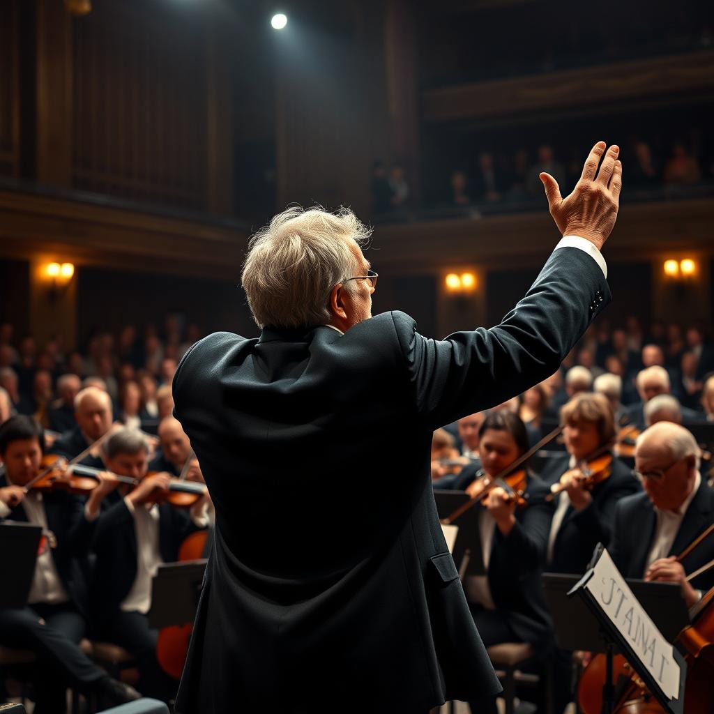 A dramatic scene depicting a classical music conductor on stage during a performance, showcasing intense tension and passion