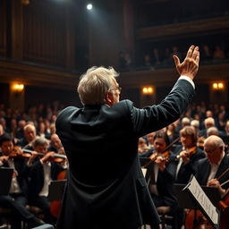 A dramatic scene depicting a classical music conductor on stage during a performance, showcasing intense tension and passion