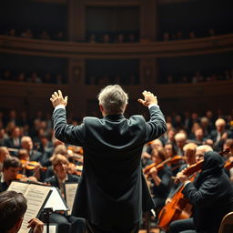 A dramatic scene depicting a classical music conductor on stage during a performance, showcasing intense tension and passion