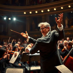 A dramatic scene depicting a classical music conductor on stage during a performance, showcasing intense tension and passion