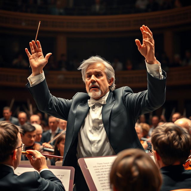 A dramatic scene depicting a classical music conductor on stage during a performance, showcasing intense tension and passion